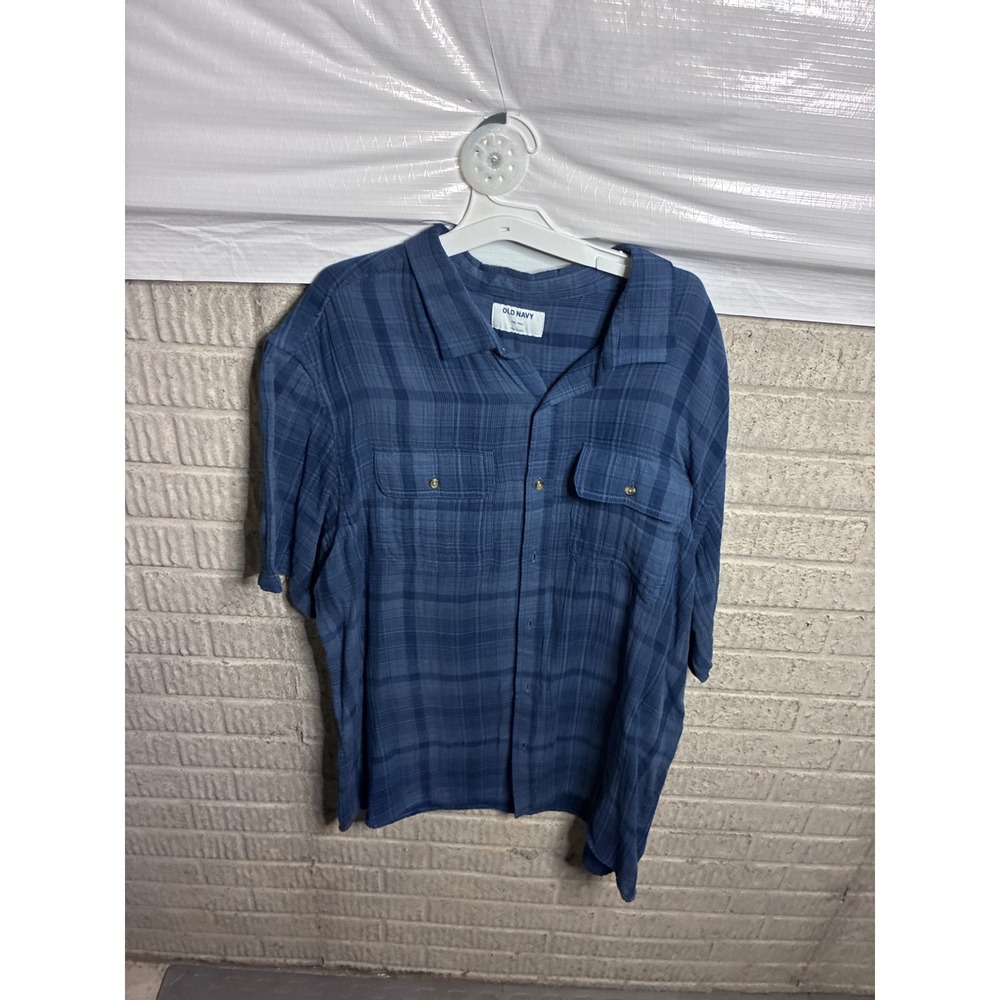Old Navy Mens XXL Tall Blue Plaid Short Sleeve Gauze Button Up Shirt Casual